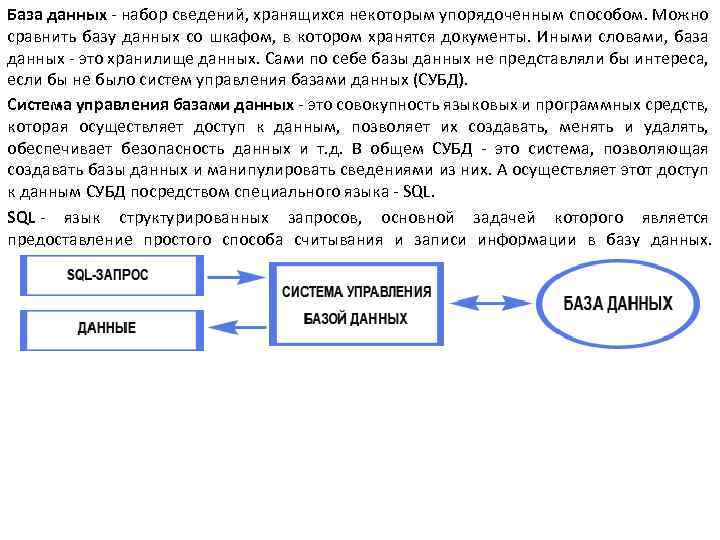 База данных - набор сведений, хранящихся некоторым упорядоченным способом. Можно сравнить базу данных со