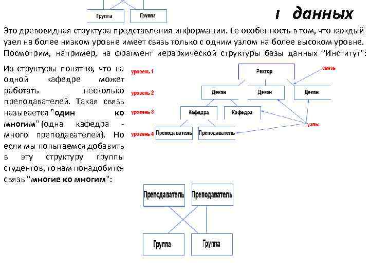 Иерархическая структура базы данных Это древовидная структура представления информации. Ее особенность в том, что