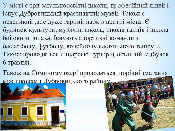 У місті є три загальноосвітні школи, професійний ліцей і існує Дубровицький краєзнавчий музей. Також