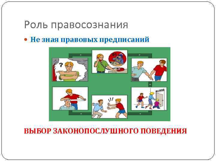 Роль правосознания Не зная правовых предписаний ВЫБОР ЗАКОНОПОСЛУШНОГО ПОВЕДЕНИЯ 