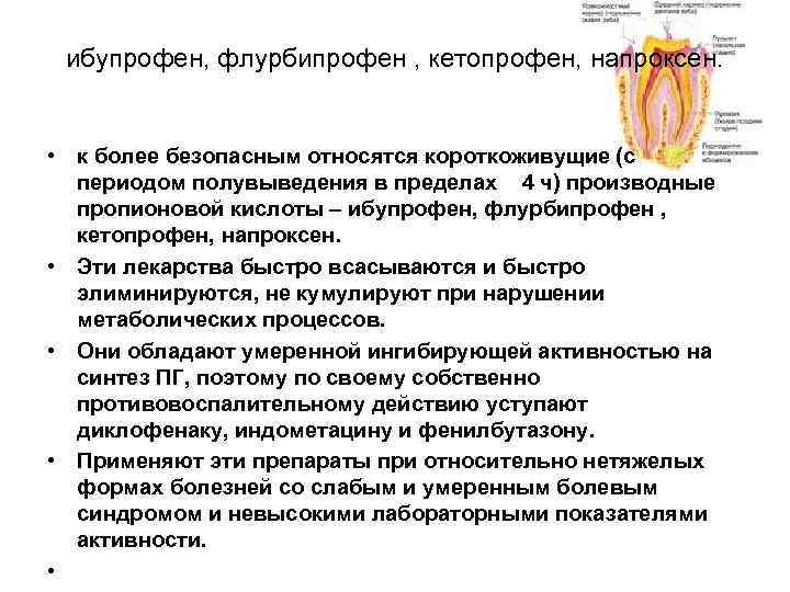 ибупрофен, флурбипрофен , кетопрофен, напроксен. • к более безопасным относятся короткоживущие (с периодом полувыведения