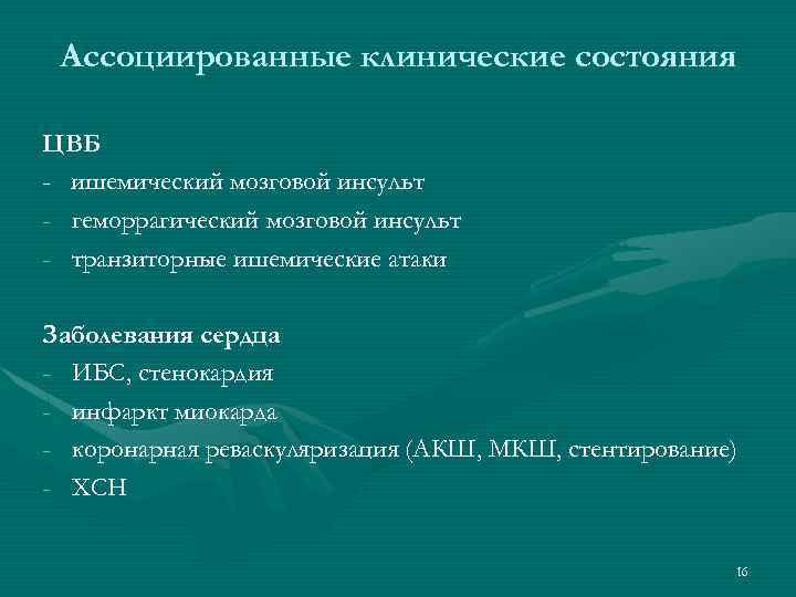 Ассоциированные клинические состояния ЦВБ - ишемический мозговой инсульт - геморрагический мозговой инсульт - транзиторные