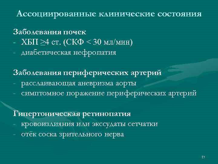 Ассоциированные клинические состояния Заболевания почек - ХБП ≥ 4 ст. (СКФ < 30 мл/мин)