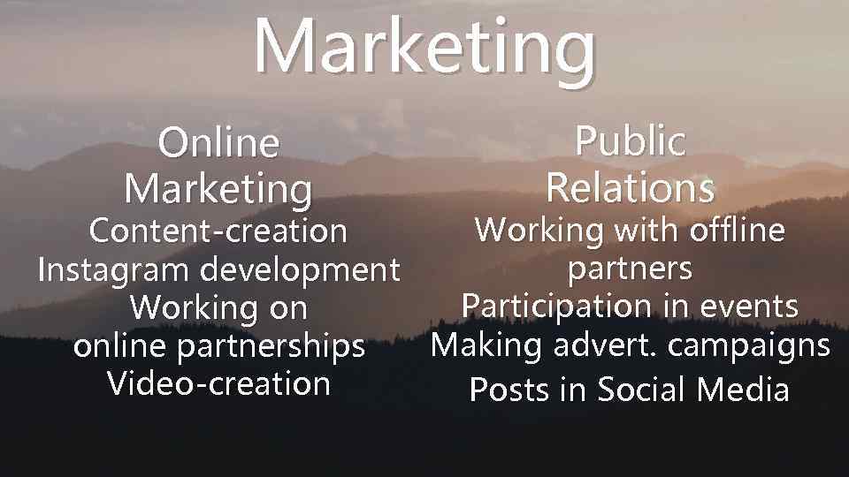 Marketing Online Marketing Public Relations Working with offline Content-creation partners Instagram development Participation in