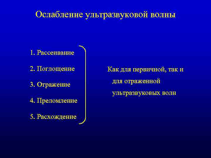 Ослабление ультразвуковой волны 1. Рассеивание 2. Поглощение 3. Отражение 4. Преломление 5. Расхождение Как