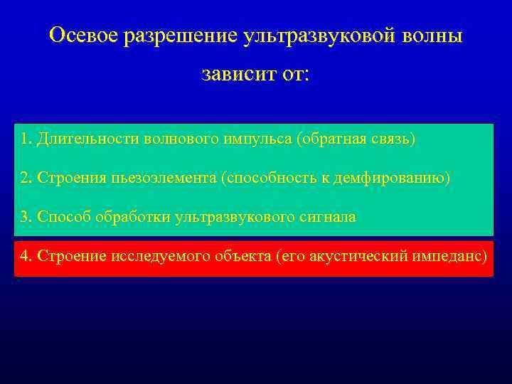 Осевое разрешение ультразвуковой волны зависит от: 1. Длительности волнового импульса (обратная связь) 2. Строения