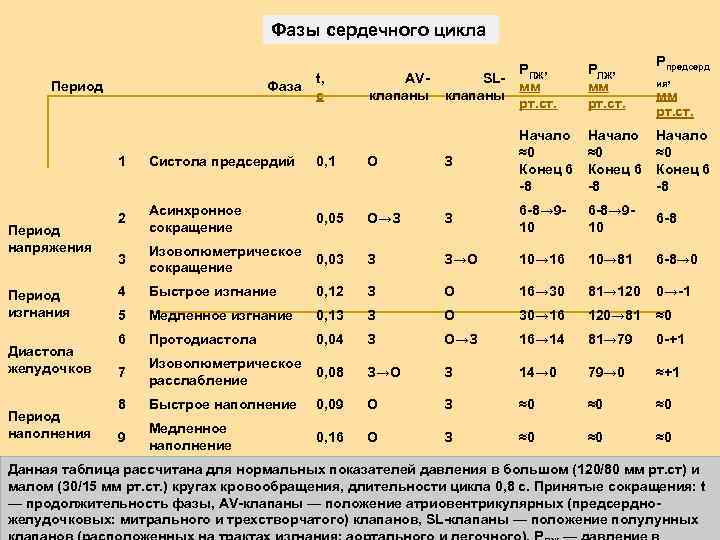 Фазы сердечного цикла Период Фаза t, с AVклапаны SLклапаны PПЖ, мм рт. ст. PЛЖ,