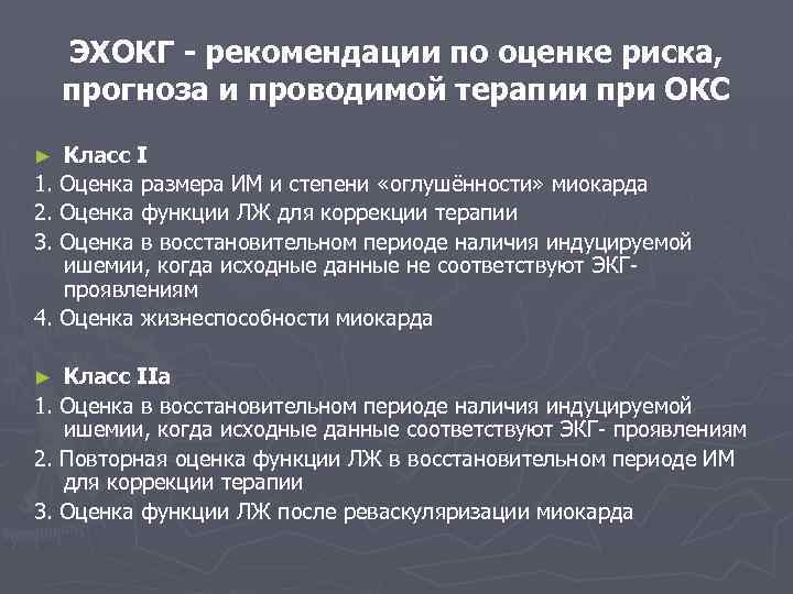 ЭХОКГ - рекомендации по оценке риска, прогноза и проводимой терапии при ОКС Класс I