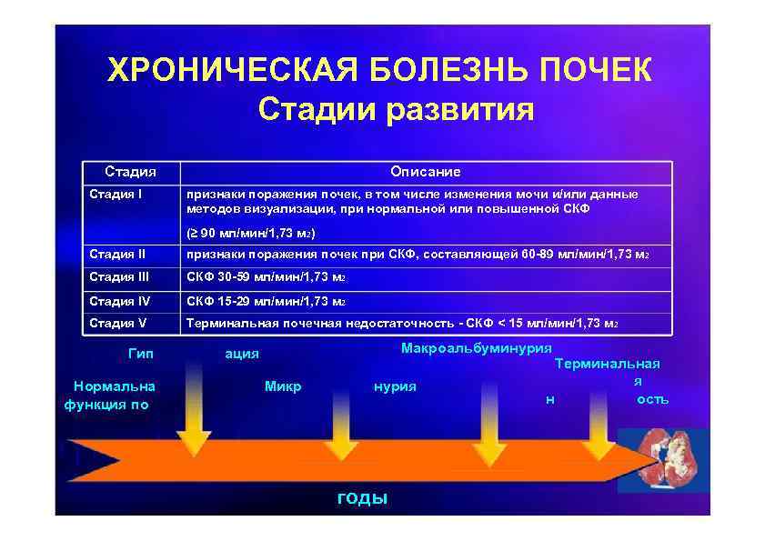 ХРОНИЧЕСКАЯ БОЛЕЗНЬ ПОЧЕК Стадии развития Стадия I Описание признаки поражения почек, в том числе