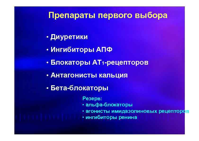 Препараты первого выбора • Диуретики • Ингибиторы АПФ • Блокаторы АТ 1 -рецепторов •