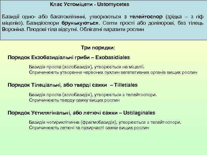 Клас Устоміцети - Ustomycetes Базидії одно- або багатоклітинні, утворюються з телейтоспор (зрідка – з