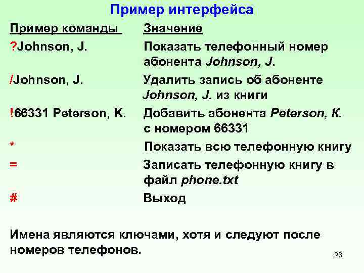 Пример интерфейса Пример команды Значение ? Johnson, J. Показать телефонный номер абонента Johnson, J.