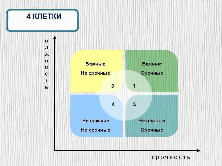 4 КЛЕТКИ в а ж н о с т ь Важные Не срочные Срочные