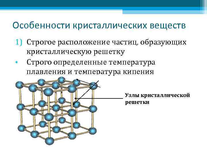 Особенности кристаллических веществ 1) Строгое расположение частиц, образующих кристаллическую решетку • Строго определенные температура
