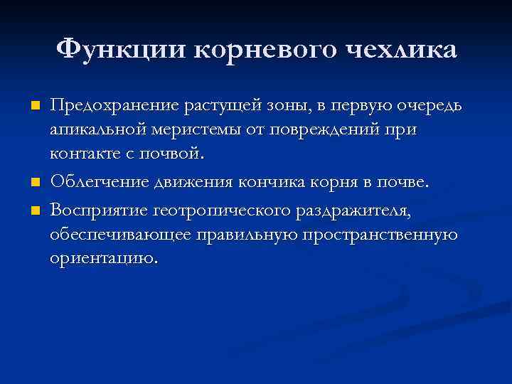 Функции корневого чехлика n n n Предохранение растущей зоны, в первую очередь апикальной меристемы