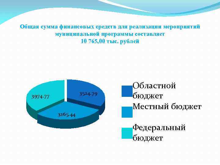 Общая сумма финансовых средств для реализации мероприятий муниципальной программы составляет 10 765, 00 тыс.