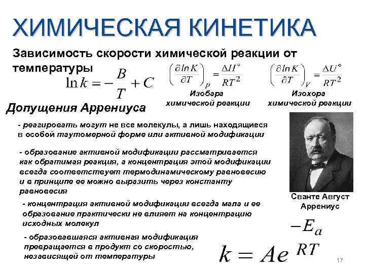 ХИМИЧЕСКАЯ КИНЕТИКА Зависимость скорости химической реакции от температуры Допущения Аррениуса Изобара химической реакции Изохора