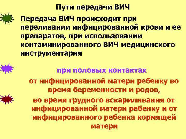 Пути передачи ВИЧ Передача ВИЧ происходит при переливании инфицированной крови и ее препаратов, при