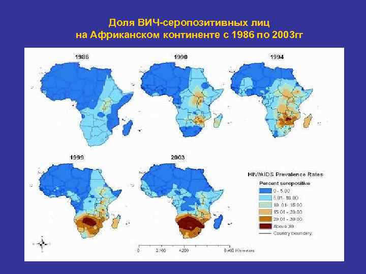 Доля ВИЧ-серопозитивных лиц на Африканском континенте с 1986 по 2003 гг 