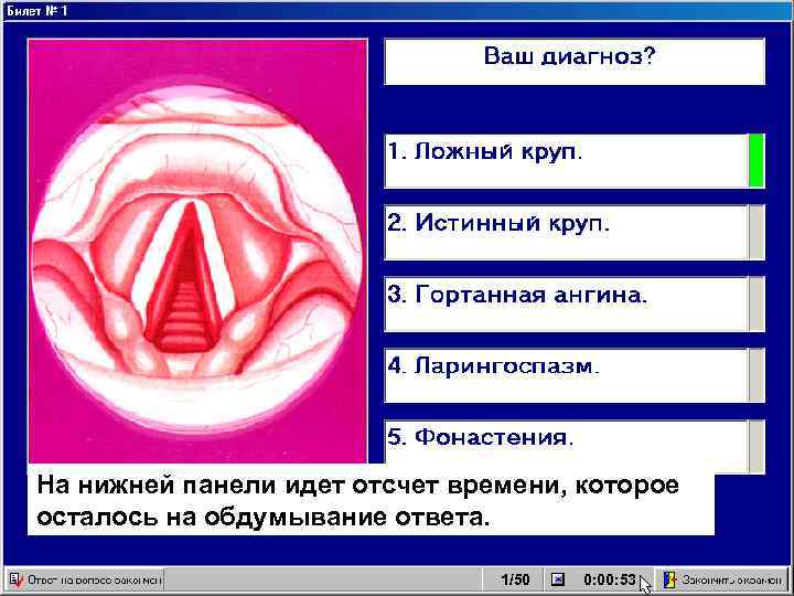 На нижней панели идет отсчет времени, которое осталось на обдумывание ответа. 1/50 0: 00: