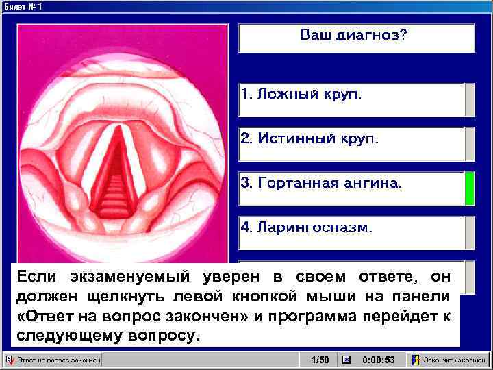 Если экзаменуемый уверен в своем ответе, он должен щелкнуть левой кнопкой мыши на панели