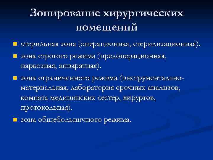 Зонирование хирургических помещений n n стерильная зона (операционная, стерилизационная). зона строгого режима (предоперационная, наркозная,