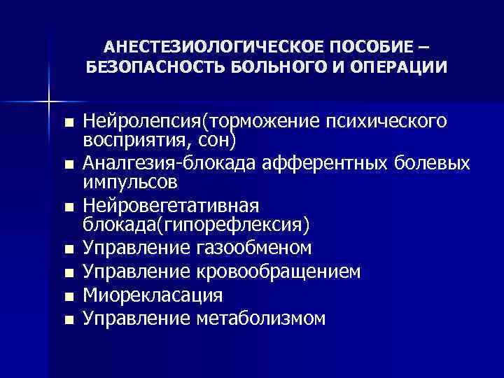 АНЕСТЕЗИОЛОГИЧЕСКОЕ ПОСОБИЕ – БЕЗОПАСНОСТЬ БОЛЬНОГО И ОПЕРАЦИИ n n n n Нейролепсия(торможение психического восприятия,