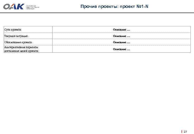Прочие проекты: проект № 1 -N Суть проекта: Описание … Текущая ситуация: Описание …