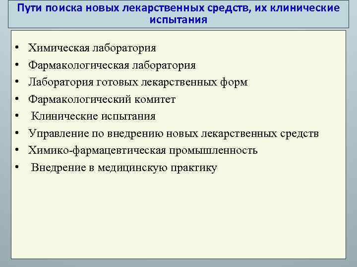 Пути поиска новых лекарственных средств, их клинические испытания • • Химическая лаборатория Фармакологическая лаборатория