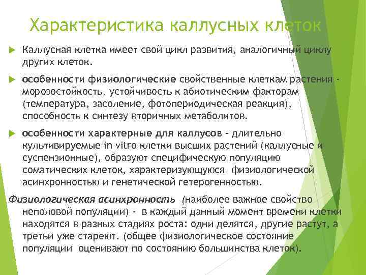 Характеристика каллусных клеток Каллусная клетка имеет свой цикл развития, аналогичный циклу других клеток. особенности