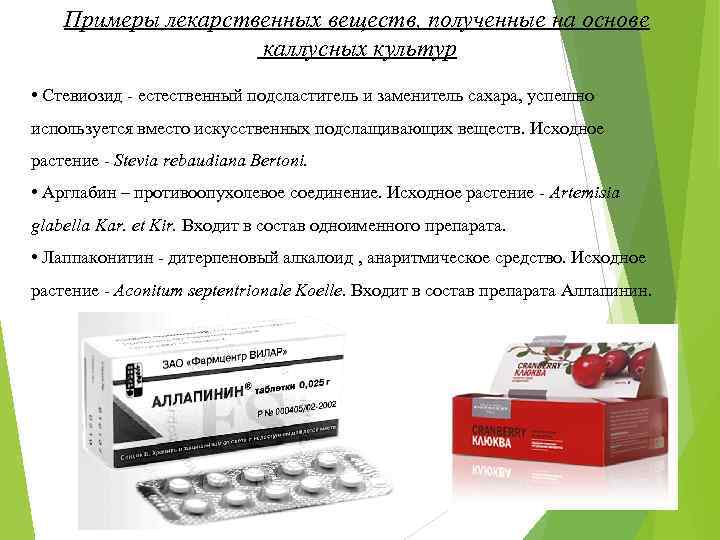Примеры лекарственных веществ, полученные на основе каллусных культур • Стевиозид - естественный подсластитель и