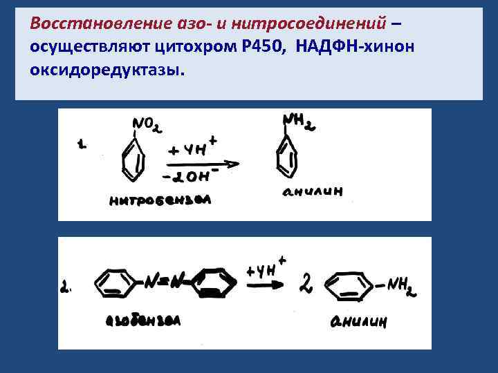 Восстановление азо- и нитросоединений – осуществляют цитохром Р 450, НАДФН-хинон оксидоредуктазы. 