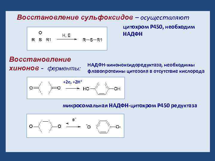 Восстановление сульфоксидов – осуществляют цитохром Р 450, необходим НАДФН Восстановление хинонов - ферменты: НАДФН-хиноноксидоредуктаза,