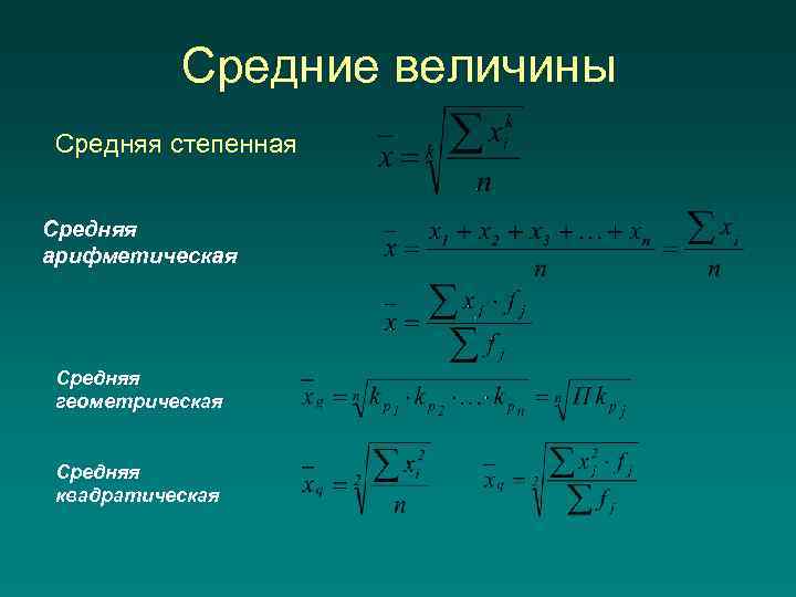 Средние величины Средняя степенная Средняя арифметическая Средняя геометрическая Средняя квадратическая 