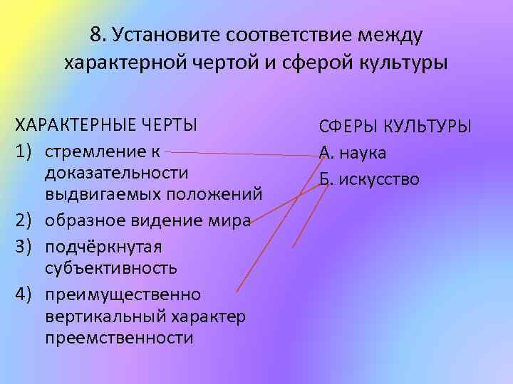 8. Установите соответствие между характерной чертой и сферой культуры ХАРАКТЕРНЫЕ ЧЕРТЫ 1) стремление к