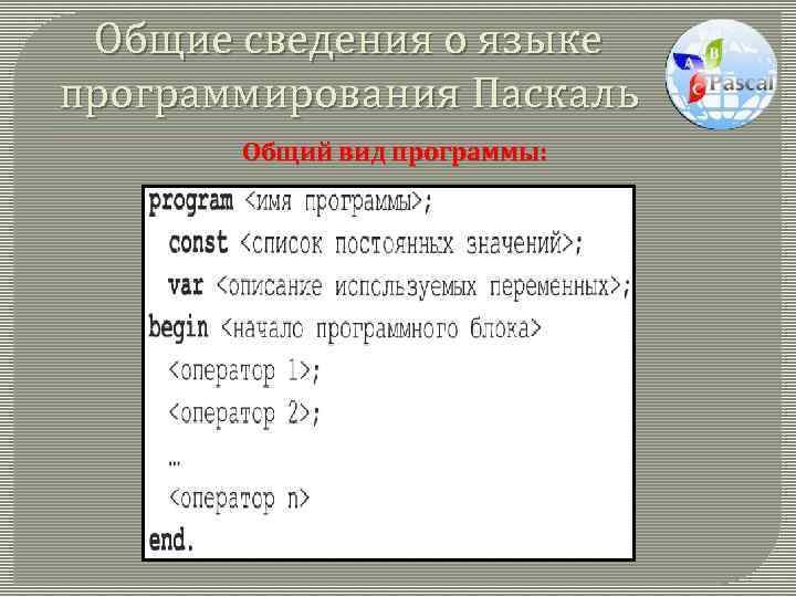 Общие сведения о языке программирования Паскаль Общий вид программы: 