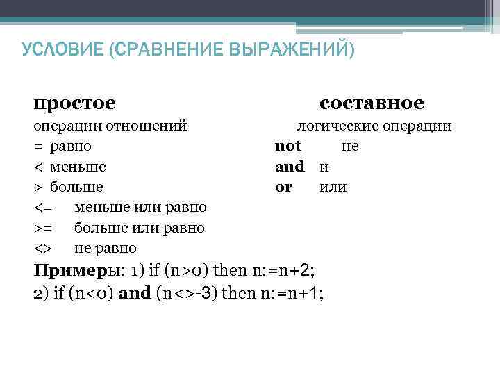 УСЛОВИЕ (СРАВНЕНИЕ ВЫРАЖЕНИЙ) простое операции отношений = равно < меньше > больше <= меньше