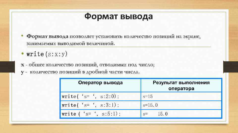 Формат вывода • Формат вывода позволяет установить количество позиций на экране, занимаемых выводимой величиной.