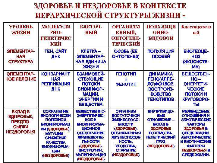 ЗДОРОВЬЕ И НЕЗДОРОВЬЕ В КОНТЕКСТЕ ИЕРАРХИЧЕСКОЙ СТРУКТУРЫ ЖИЗНИ УРОВЕНЬ ЖИЗНИ МОЛЕКУЛЯ РНОГЕНЕТИЧЕС КИЙ КЛЕТОЧНЫЙ