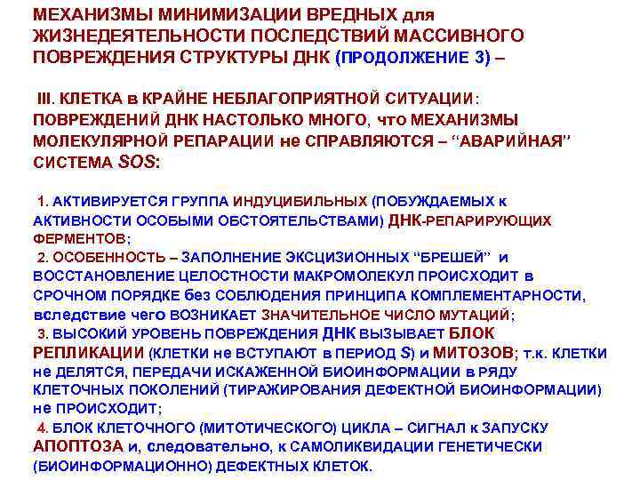 МЕХАНИЗМЫ МИНИМИЗАЦИИ ВРЕДНЫХ для ЖИЗНЕДЕЯТЕЛЬНОСТИ ПОСЛЕДСТВИЙ МАССИВНОГО ПОВРЕЖДЕНИЯ СТРУКТУРЫ ДНК (ПРОДОЛЖЕНИЕ 3) – III.