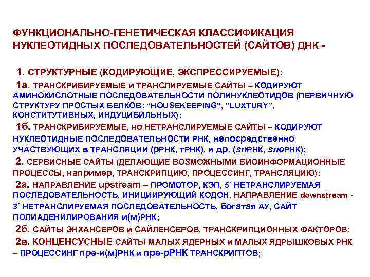 ФУНКЦИОНАЛЬНО-ГЕНЕТИЧЕСКАЯ КЛАССИФИКАЦИЯ НУКЛЕОТИДНЫХ ПОСЛЕДОВАТЕЛЬНОСТЕЙ (САЙТОВ) ДНК 1. СТРУКТУРНЫЕ (КОДИРУЮЩИЕ, ЭКСПРЕССИРУЕМЫЕ): 1 а. ТРАНСКРИБИРУЕМЫЕ и