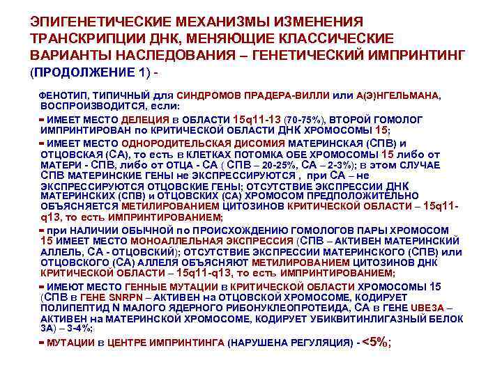 ЭПИГЕНЕТИЧЕСКИЕ МЕХАНИЗМЫ ИЗМЕНЕНИЯ ТРАНСКРИПЦИИ ДНК, МЕНЯЮЩИЕ КЛАССИЧЕСКИЕ ВАРИАНТЫ НАСЛЕДОВАНИЯ – ГЕНЕТИЧЕСКИЙ ИМПРИНТИНГ (ПРОДОЛЖЕНИЕ 1)