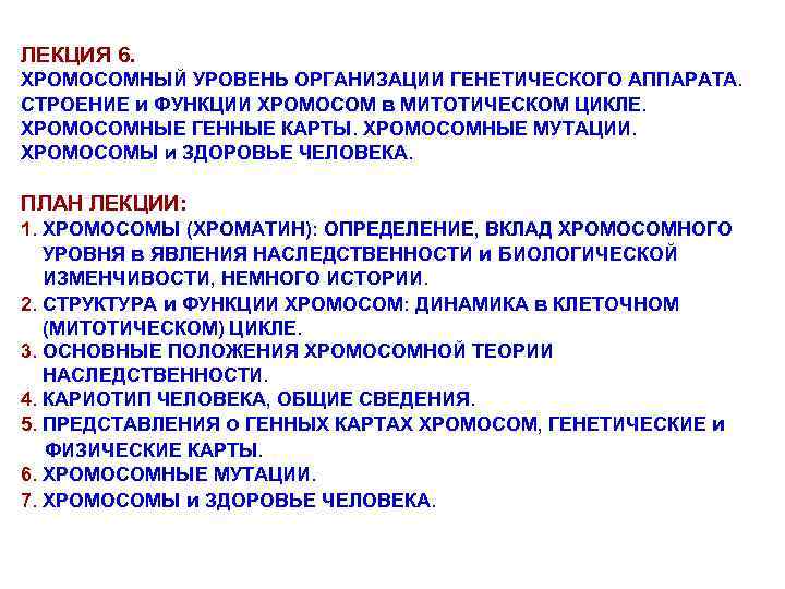 ЛЕКЦИЯ 6. ХРОМОСОМНЫЙ УРОВЕНЬ ОРГАНИЗАЦИИ ГЕНЕТИЧЕСКОГО АППАРАТА. СТРОЕНИЕ и ФУНКЦИИ ХРОМОСОМ в МИТОТИЧЕСКОМ ЦИКЛЕ.