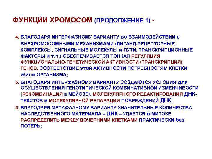 ФУНКЦИИ ХРОМОСОМ (ПРОДОЛЖЕНИЕ 1) 4. БЛАГОДАРЯ ИНТЕРФАЗНОМУ ВАРИАНТУ во ВЗАИМОДЕЙСТВИИ с ВНЕХРОМОСОМНЫМИ МЕХАНИЗМАМИ (ЛИГАНД-РЕЦЕПТОРНЫЕ