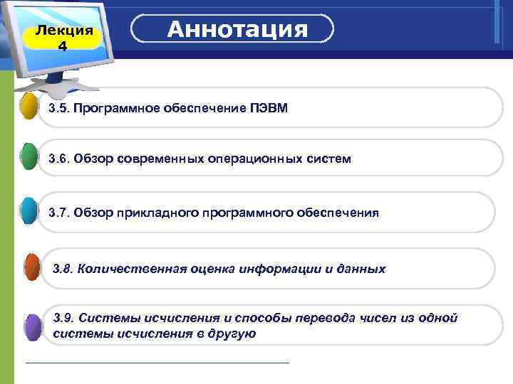 Лекция 4 Аннотация 3. 5. Программное обеспечение ПЭВМ 3. 6. Обзор современных операционных систем