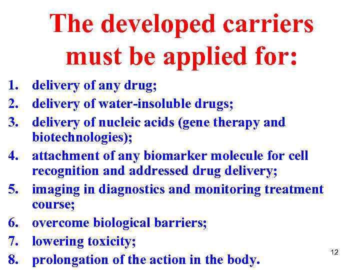 The developed carriers must be applied for: 1. delivery of any drug; 2. delivery