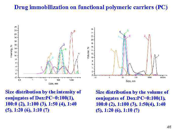Drug immobilization on functional polymeric carriers (PC) Size distribution by the intensity of conjugates