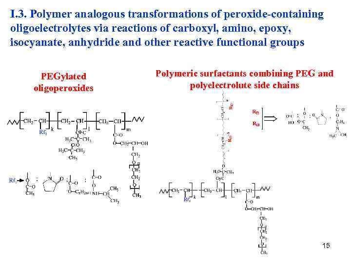 I. 3. Polymer analogous transformations of peroxide-containing oligoelectrolytes via reactions of carboxyl, amino, epoxy,