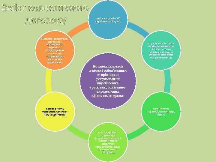 Зміст колективного договору зміни в організації виробництва і праці; забезпечення житлово -побутового, культурного, медичного
