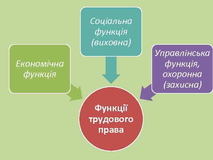 Соціальна функція (виховна) Економічна функція Функції трудового права Управлінська функція, охоронна (захисна) 